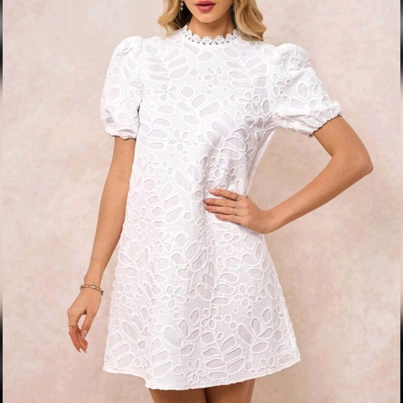 White Embroidered Fabric Stand Collar Short Sleeve A-Line Short Dress - Picture 3 of 4